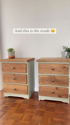 two wooden dressers sitting next to each other on top of a hard wood floor