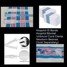 several different types of medical instruments are shown in this collage with the words hospital id bands, hospital blanket, unibil cord camp, newborn bedding needles, and sold separately