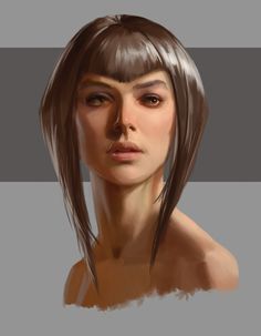 a digital painting of a woman's face with long brown hair and bangs on her head