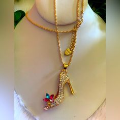 On 28" Gold Necklace. So Cute Colorful High Heels, Shoe Pendant, Gold Collar Necklace, Owl Pendant Necklace, Betsey Johnson Necklace, Pearl Necklace Vintage, Vintage Rose Gold, Long Pearl Necklaces, Rhinestone Crown