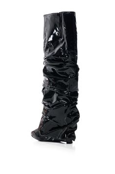 **FINAL SALE - NO EXCHANGES OR RETURNS** Crafted from a glossy black patent faux leather, the SIF-BLACK WEDGE BOOT offers a luxuriously modern fashion-forward look. This chic pair boasts an elegant ruched detail and a fold over silhouette that adds a trendy accent to any ensemble. Ideal for making a timeless statement, these luxurious boots are sure to elevate any look. Vegan patent leather upper Pointed toe Wedge heel 18” Shaft Height 15.5" Calf Circumference 3.75” Heel Height Black Wedge Boots, Platform Heels Boots, Wedge Heel Boots, Thigh High Boots Heels, Animal Print Shoes, Platform Block Heels, Black Heel Boots, Black Wedge, Boots Knee