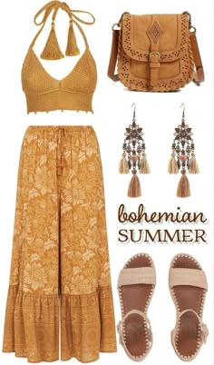 Boho Outfits 70s, Spring Bohemian Outfits, Yellow Boho Outfit, Colorful Bohemian Outfits, Neutral Boho Outfits, Casual 70s Outfits Summer, Boho Date Outfit, Shoplook Summer, Boho Outfits Women