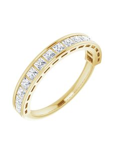 a yellow gold wedding band with princess cut diamonds