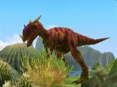 an animated image of a dinosaur in the grass and bushes with mountains in the background