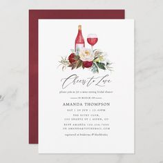 an elegant wine bottle and flowers bridal party card with the words sweet love on it