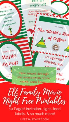 the elf family movie night free printables for kids and adults are on display