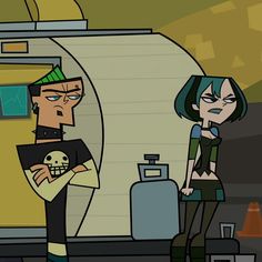 an animated image of a man and woman standing in front of a trailer with a skull on it