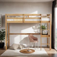 a loft bed with a desk and chair in the corner, next to a window