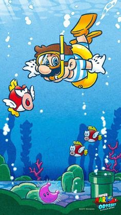 an image of cartoon character flying in the air with fish and sea life around him