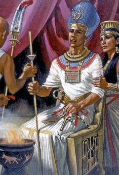 an egyptian scene with two men and one woman dressed in ancient garb holding torches