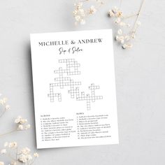 a crossword game for the bride and groom is shown on a white background with flowers