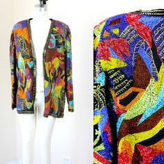 "I have a few jackets that are from this great designer that was from the 1990s. This jacket is like a tapestry, The beading is intricate, the style is timeless and this STILL has it's tags!! It is absolutely beautiful!! This is more in the fall color realm with golds, greens, oranges, and more.. Excellent new never used vintage jacket Measuring: 26\" length Width: 44\" Sleeves: 25\" Pet Free/smoke free Enjoy!" Fall Multicolor Beaded Outerwear, Beaded Tapestry, Sequin Sheath Dress, Baroque Fashion, Fall Color, Sequin Beading, Sequin Top, Beaded Dress, In The Fall