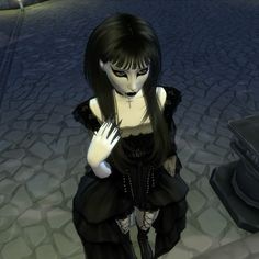 an animated image of a woman with black hair and white make - up holding her hands to her chest