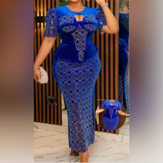 This Gorgeous Skirt And Top Comes In Blue Color Skirt Has Split In The Back And There 3 Different Sizes 44,46,48 Blue Skirt Set, Thigh Skirt, Twist Front Crop Top, Ankara Dress Styles, Lace Gown Styles, Gown Styles, Front Crop Top, Skirt And Top, Ankara Dress