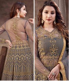 Gray Embroidered Hand Work Soft Net Designer Suit Salwar Lehenga Sharara | eBay Semi-stitched Sets With Gold Embroidery And Traditional Drape, Navratri Salwar Kameez With Gold Embroidery And Long Sleeves, Unstitched Sets With Gold Embroidery, Navratri Traditional Long Sleeve Wear With Gold Embroidery, Gold Embroidered Unstitched Suit For Wedding, Eid Saree Set With Gold Embroidery, Embroidered Long Lehenga For Transitional Seasons, Anarkali Sets With Gold Embroidery For Eid, Gold Embroidered Saree Set