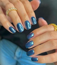 Bday Short Nails, Alternative Summer Nails, Dark Teal Chrome Nails, Orange Chrome Nails Summer, Dark Blue Crome Nails, Cerulean Blue Nails, Metallic Nails Short, Navy Nails With Chrome