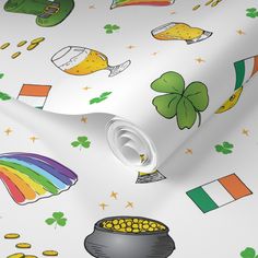 st patrick's day wallpaper with shamrocks, pot of gold and a rainbow