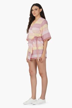 Made in Cotton Yarn Dyed Fabric Wrap Cover-Up Short Robe Waist Tie-Up Fringed Hemline Comfortable Fit Get ready to wrap yourself in summer fun with the Noah Stripe Cover Up! This adorable wrap cover-up short robe is a colorful celebration of summer, featuring a delightful mix of soft pastel pink and bright butter yellow stripes on 100% cotton fabric.The fringed hemline adds a playful flourish, while the adjustable waist tie ensures a comfortable and flattering fit that's perfect for any body. Wh Spring Beach Party Cover-up With Tie Waist, Multicolor Short Sleeve Summer Sleepwear, Multicolor Short Sleeve Sleepwear For Summer, Summer Cotton Sleepwear For Beach, Summer V-neck Beachwear Robe, Pink Summer Loungewear Cover-up, Multicolor Cotton Cover-up For Summer, Multicolor Cotton Summer Cover-up, Multicolor Summer Sleepwear