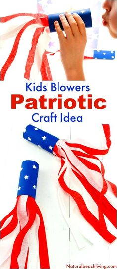 kids blowers patriotic craft idea with red, white and blue streamers