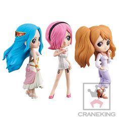 three anime figurines are shown on a white background