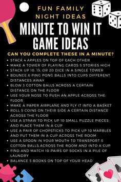 a flyer for the fun family night idea's minute to win it game ideas