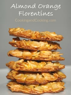 almond orange florentines stacked on top of each other with text overlay