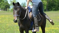 a woman riding on the back of a brown horse in a field with yellow flowers