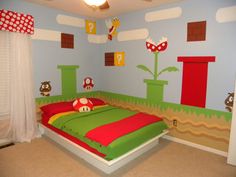 a bedroom decorated in mario bros theme with red and green bedspread