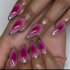 Stilleto Aura Nails, Magenta Aura Nails, Aura Nails Winter, Red Pink And Black Nails, Edgy Pink Nails, Magenta And Black Nails, Black And Pink Aura Nails, Pink Pony Club Nails, Magenta Acrylic Nails