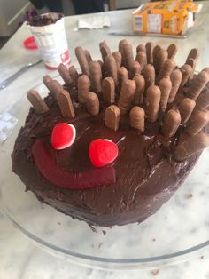 a chocolate hedgehog cake sitting on top of a glass plate covered in frosting