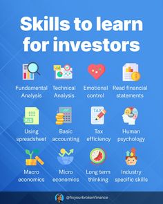 skills to learn for inventors poster with icons and text on blue background, including the title