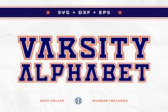 the varsity alphabet is shown in blue and orange