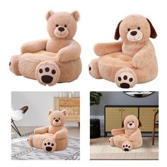 two pictures of teddy bears sitting in chairs with their paws on the back and feet