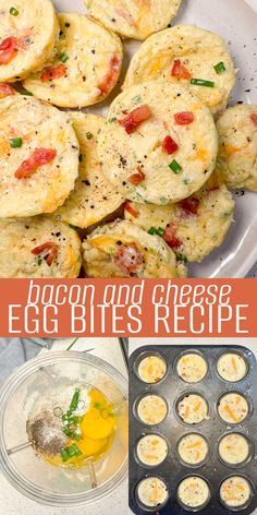 bacon and cheese egg bites recipe in muffin tins on a plate with eggs