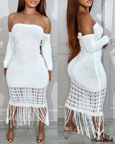 Olivia Mark - Off-the-Shoulder Midi Dress with Hollow-Out and Tassel Detailing