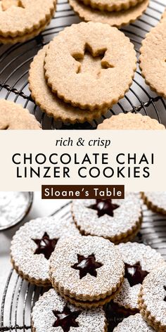 chocolate chai linzer cookies on a cooling rack