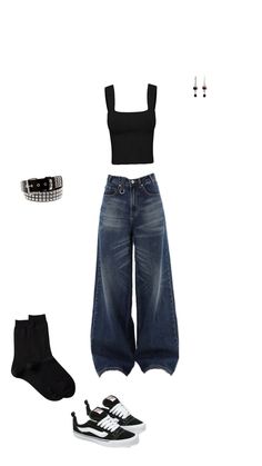 a pair of jeans, crop top and sneakers are arranged on a white background with black accessories