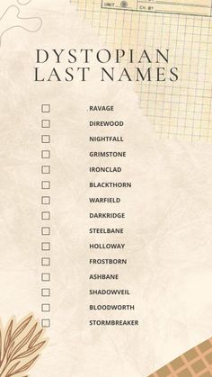 Printable List Of Unique Dystopian Last Names Last Names For Characters, Unique Last Names, Dystopian World, Fantasy Names, Writing Prompts For Writers, Name Suggestions, Aesthetic Names