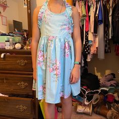 Approximately Size 10-12. Only Tried On. Never Worn. Nwt. Ties Around Neck And Waist. Very Lightweight And Comfortable! Blue Spring Dress For School, Blue Dress For School In Spring, Blue Fitted Dress For Sleepover, Cute Blue Dress For Sleepover, Floral Blouse Outfit, Girls Polka Dot Dress, Vintage Toddler Dress, Blue Sweater Dress, Old Navy Toddler Girl