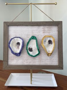 three different types of seashells are displayed in a wooden frame on a table