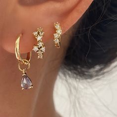 Teardrop CZ Charm 14k Gold Plated Hoop PURPLE Ear Chain, Bling Earrings, Purple Earrings, Garnet Earrings