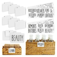 the contents of a bathtub with labels on it and other items in a wicker basket