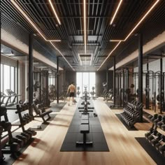 a gym with rows of treadmills and lots of windows