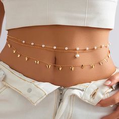 Adorn your waist with this charming layered belly chain, featuring delicate butterfly charms and elegant beads. A subtle yet chic accessory to enhance any outfit with a touch of whimsy. Butterfly pendant details Pearl beaded Lobster clasp fastening Easy to snap on/off Metal Size: length 93cm (36.6inch) Beaded Belly Chain, 90s Inspired Fashion, Waist Jewelry, Delicate Butterfly, Belly Jewelry, Chain Fashion, Belly Chain, Waist Chain, Copper Chain