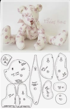 the teddy bear is sitting next to its cut out pattern and instructions for making it