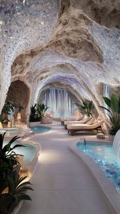 an indoor swimming area with water features and large rocks on the ceiling, surrounded by greenery