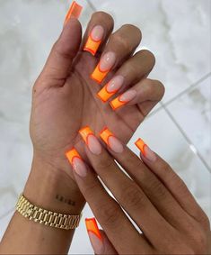 High French Nails, Long Square Nails Summer, Different Kinds Of French Tip Nails, 2023 Nail Trends Square, Orange Short Nail Designs, Long Square Summer Nails, Square Nails Colorful, Nails Acrylic French Tip Color, Neon Orange And Pink Nails