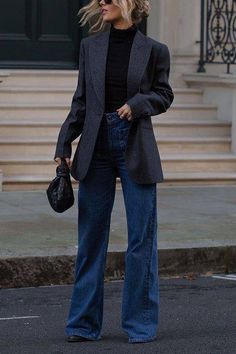 Flare Jeans Outfit, Jeans Outfit Winter, Outfit Winter, Looks Chic, Blazer Outfits, 가을 패션