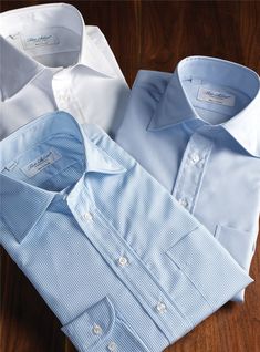 Sky Blue & White Stripe Spread Collar Travel Shirt - The Ben Silver Collection Classic Blue Dress Shirt With Fold Down Collar, Blue Formal Dress Shirt With Fold Down Collar, Classic Blue Dress Shirt For Business Casual, Classic Long Sleeve Oxford For Business, Men Wardrobe, Ben Silver, Travel Shirt, Standard Dress, Silver Collection