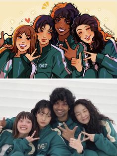 two pictures, one with the same image and another with different people making peace signs